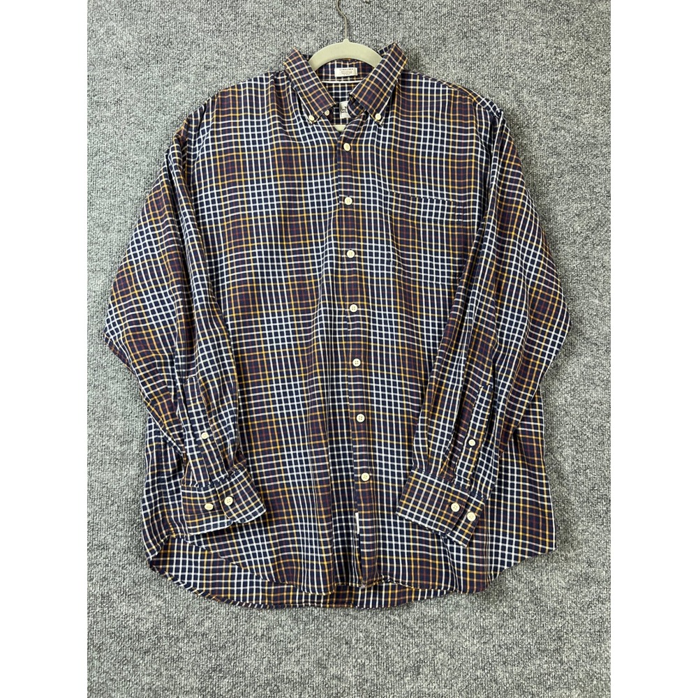 Peter Millar Mens XL Long Sleeve Plaid Button Down Shirt Navy Gold Cotton